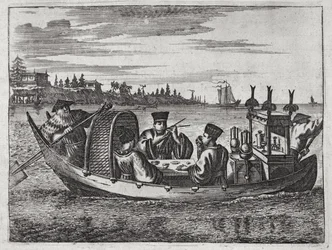 Ein wohlhabender Mandarin speist in einem Boot, Illustration aus einer Beschreibung der Gesandtschaften nach China, 1690